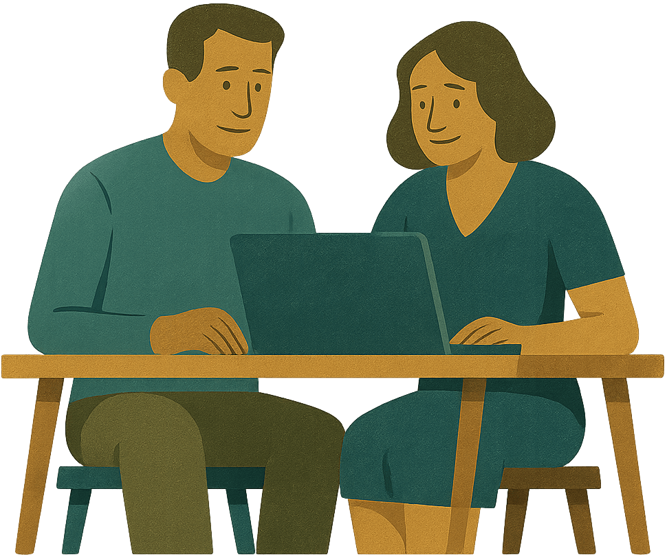Two people at a table with a laptop