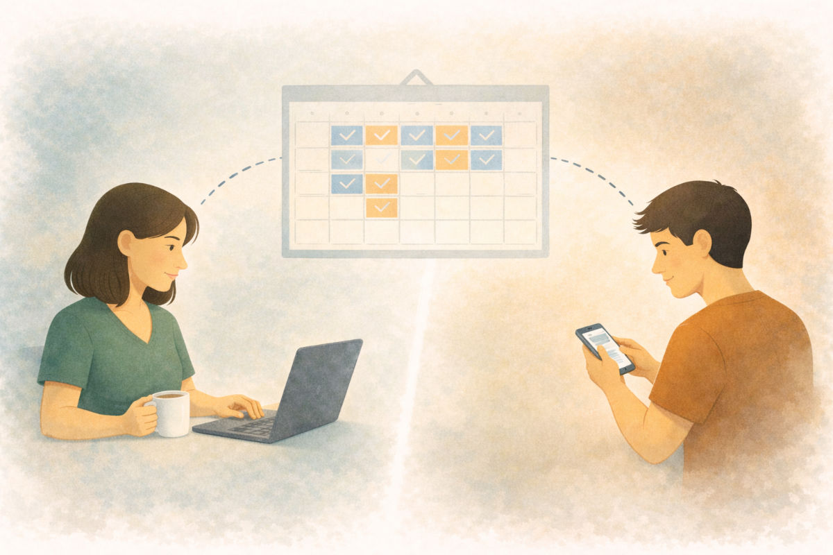 Two parents planning a custody schedule together at a calendar