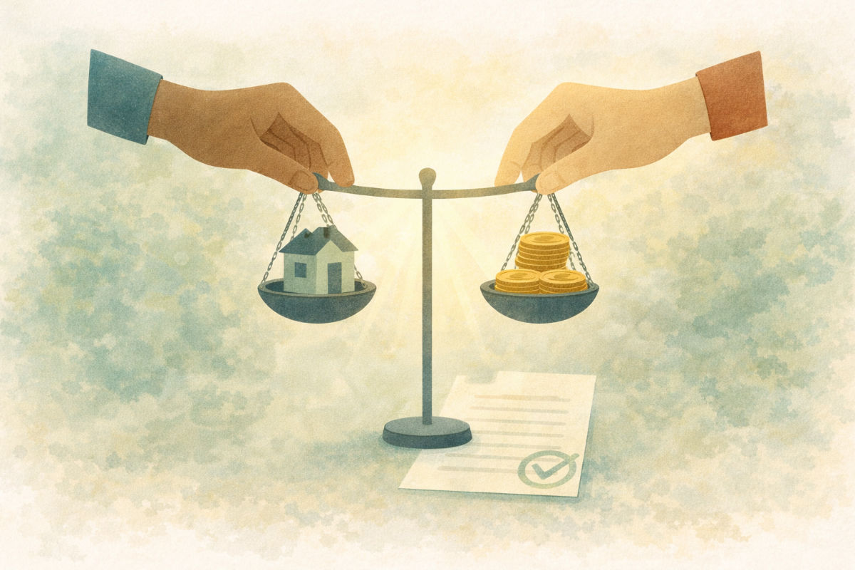 Two people balancing items on a scale, symbolising reaching an agreement